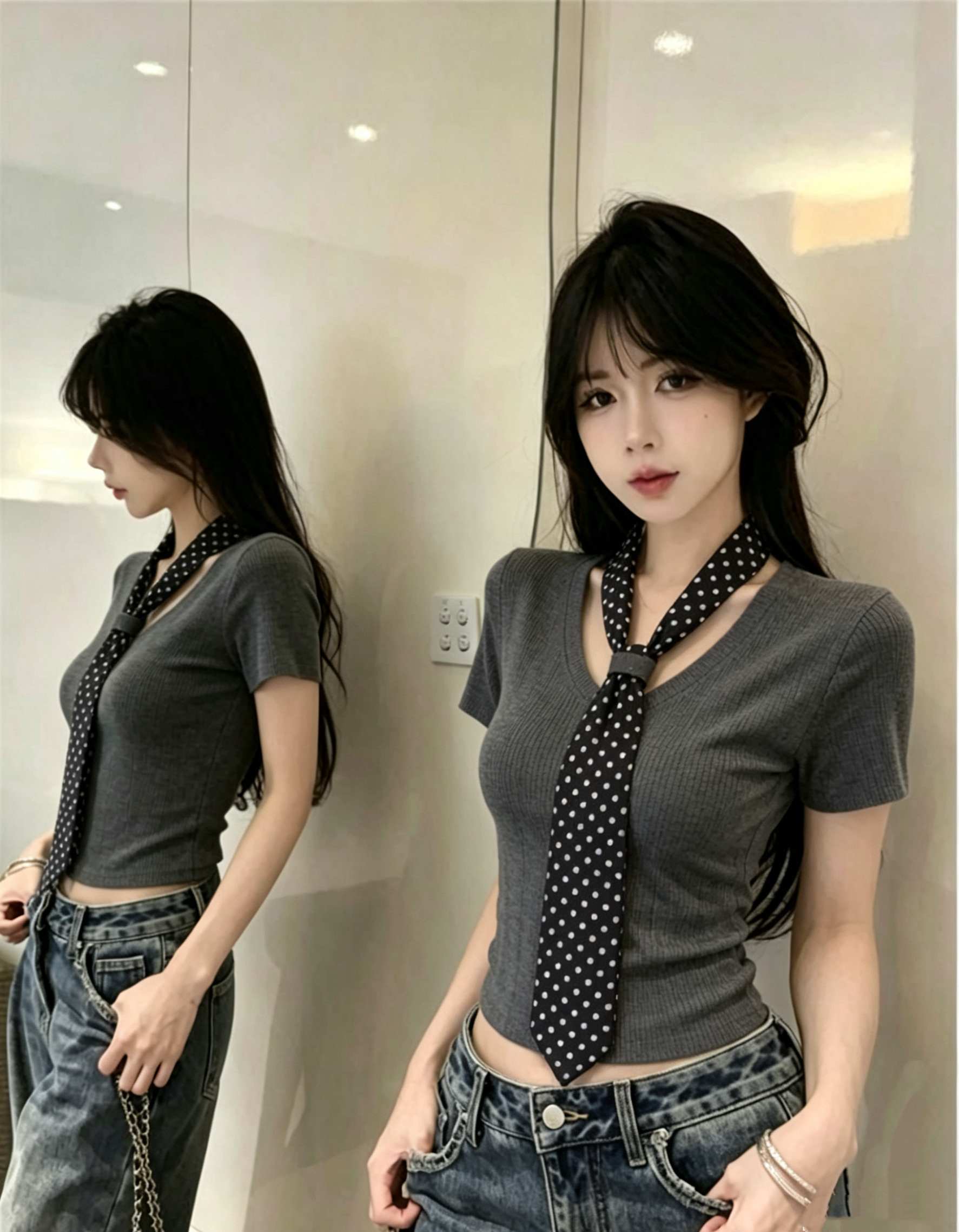 BY28874# 通勤风V领短袖T恤女夏季新款波点丝巾装饰高级感时尚气质上衣  服裝批發女裝批發服飾貨源
