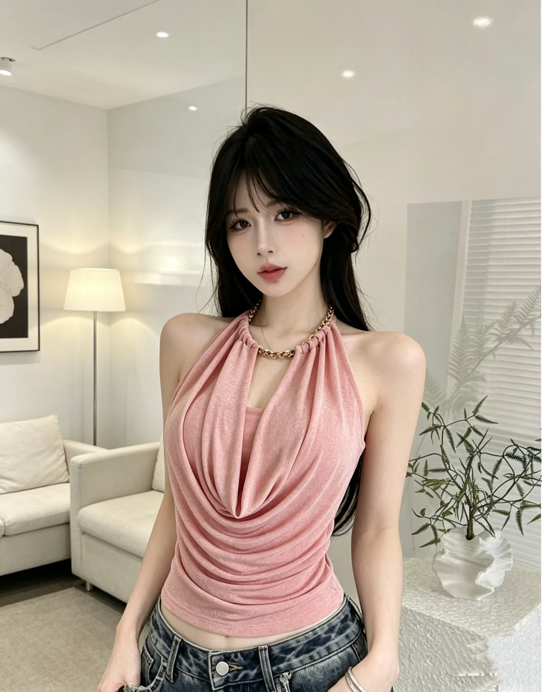 BY28871# 法式辣妹荡领挂脖吊带背心女夏季新款漂亮出片衣服高级感气质上衣  服裝批發女裝批發服飾貨源