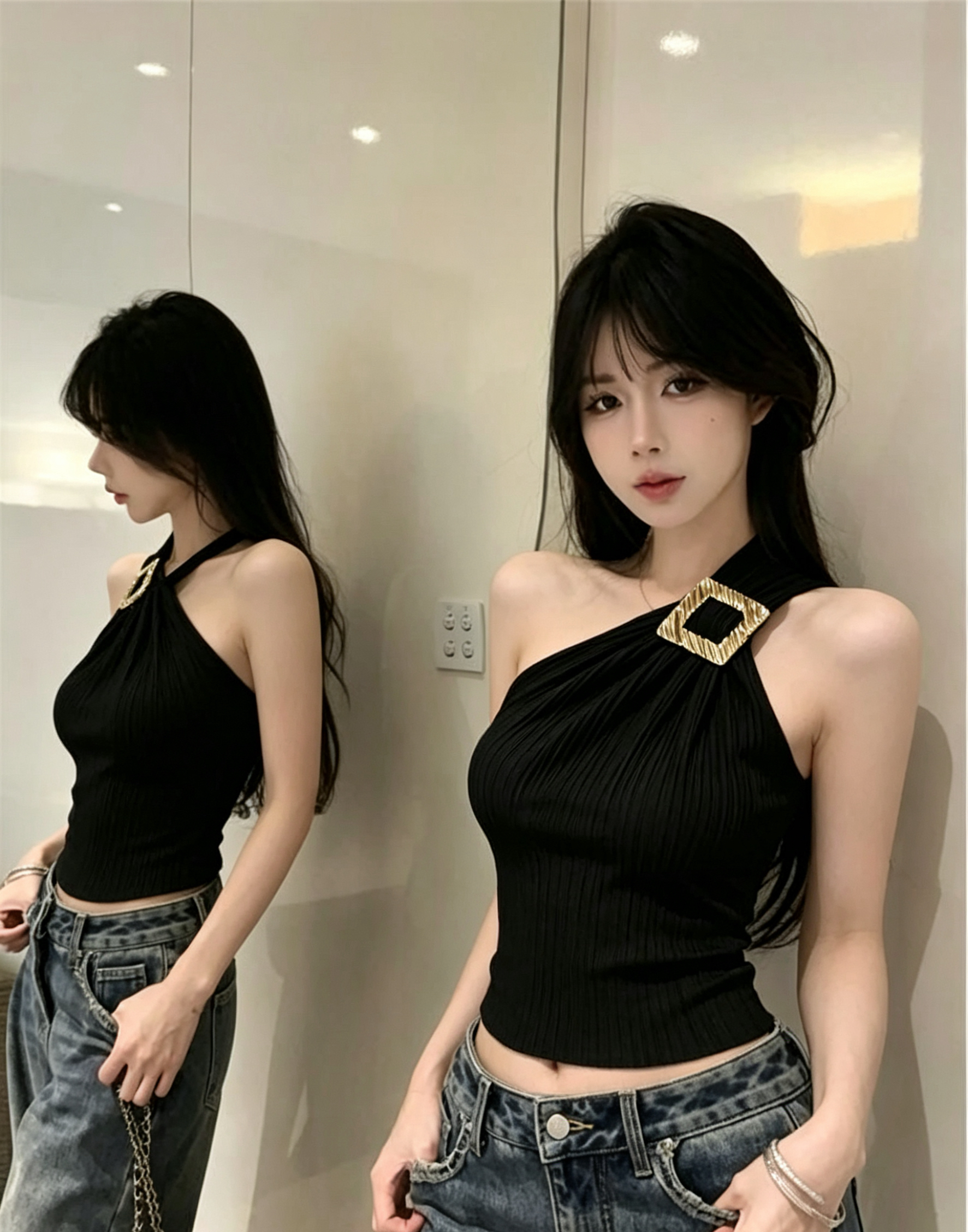 BY28863# 法式别致方扣斜肩显白上衣女春独特高端气质收腰显瘦无袖小衫  服裝批發女裝批發服飾貨源