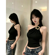 批发法式别致方扣斜肩显白上衣女2026<b class='q'>春</b>独特高端气质收腰显瘦无袖小衫