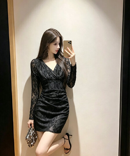 핫걸 긴팔 순수한 욕망 바람 레이스 몸매 가꾸기 여성 드레스 봄 새로운 허리 수축 품격 치마 타이트 타이트 스커트 미니 스커트