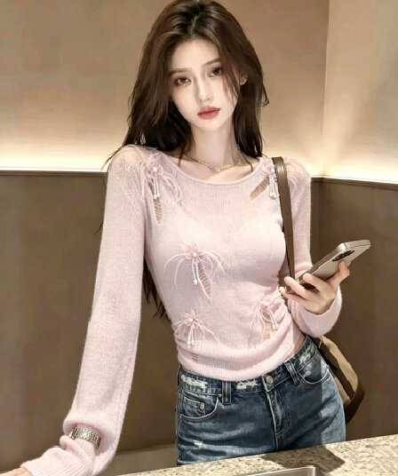 분말 보라색 찢어진 부분 홀로우 아웃 니트 스웨터 여성 가을 무거운 작업 비즈 박기 꽃 긴팔 기본 셔츠 핫걸 Chic 맨위