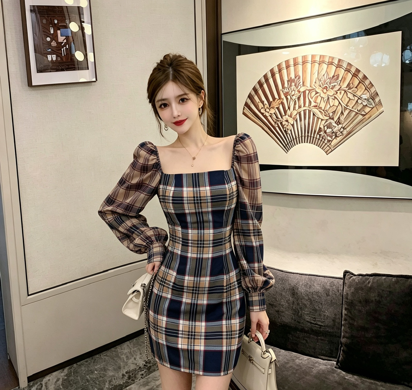 BY30782# 法式春季复古收腰方领格子长袖新款连衣裙气质显瘦发货 服裝批發女裝批發服飾貨源