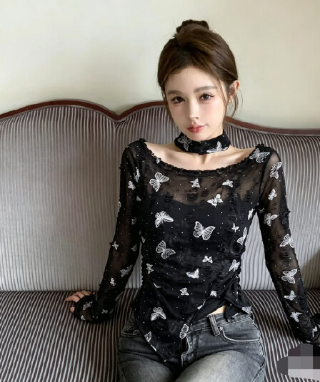 실사 새로운 불규칙 디자인 맨위 나비 핫걸 긴팔 티셔츠 프린트 몸매 가꾸기 다용도 만나는 쇼트 스타일