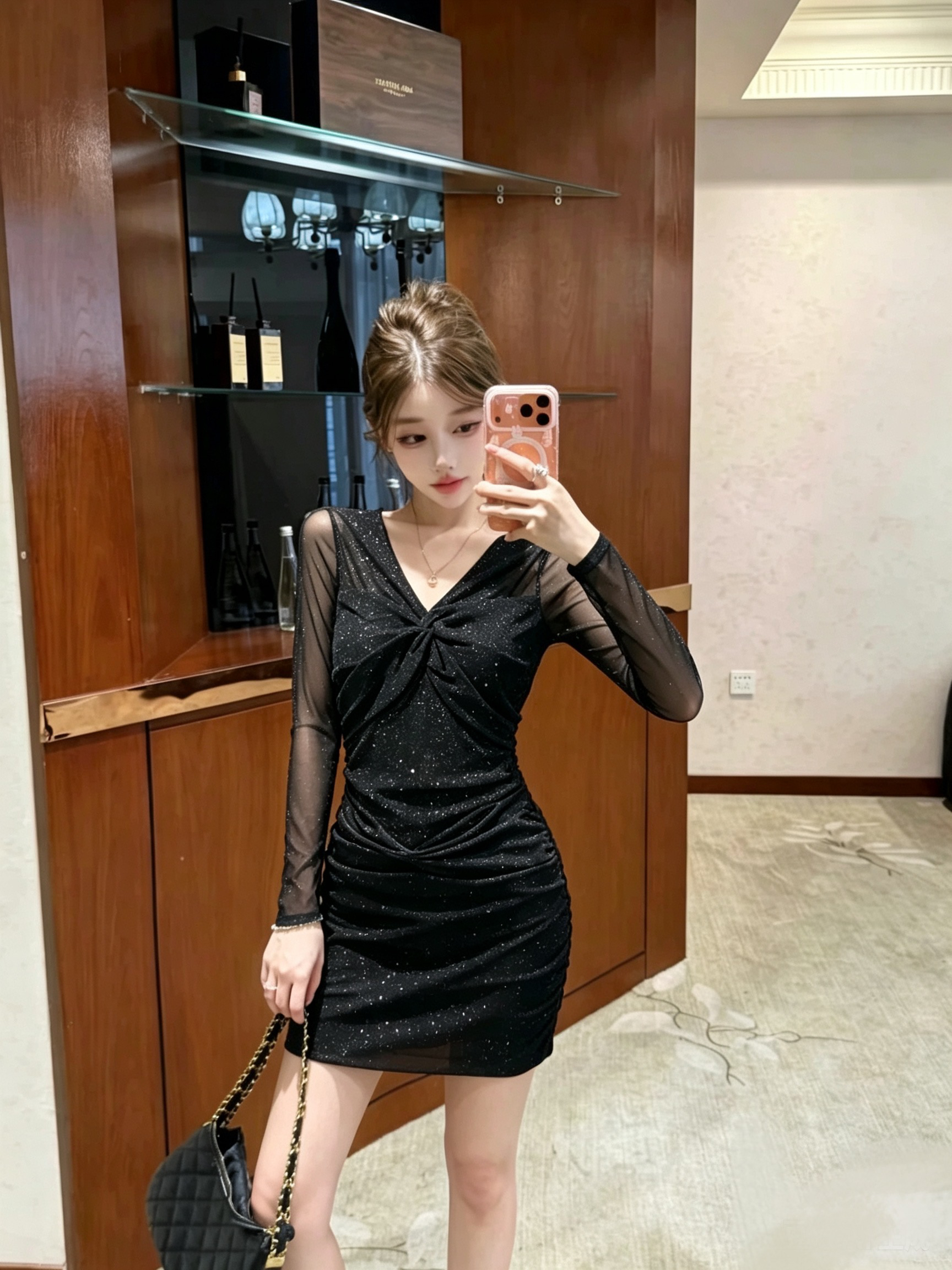 纯欲风V领亮片纱网包臀连衣裙女秋冬加绒/不加绒新款辣妹修身气质 服裝批發女裝批發服飾貨源