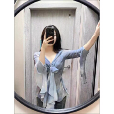 批发G2026年夏季新款女装渐变衬衣荷叶边喇叭袖衬衫<b class='q'>V领</b>绑带薄雪纺上衣