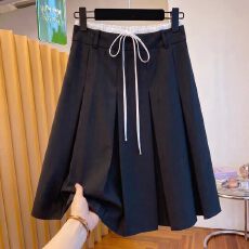 批发2026秋季新款女装休闲学院风撞色腰头抽绳百褶黑色高腰显瘦半身裙