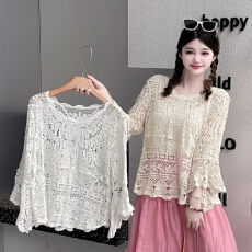 批发高级感蕾丝钩花镂空<b class='q'>针织衫</b>女2025夏新款大码胖mm遮肚外搭<b class='q'>罩衫</b>上衣