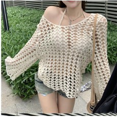 批发刺绣镂空钩花女装长袖上衣女装大码百搭套头<b class='q'>罩衫</b>外搭防晒衫夏季