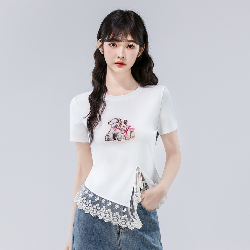 MY7856# 设计感不规则蕾丝短袖打底衫上衣夏季新款夏装短款t恤女装女裝...