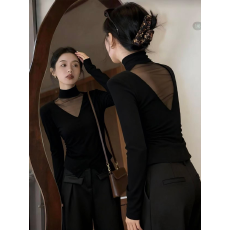 批发实拍半高领蕾丝拼接修身磨毛加绒打底衫女内搭设计感长袖t恤上衣