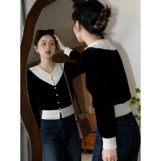 批发实拍纯欲辣妹蕾丝拼接丝绒打底<b class='q'>衬衫</b><b class='q'>女</b>高级感小众v领长袖短款上衣