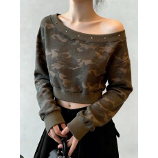 批发实拍美式复古水洗<b class='q'>短款</b><b class='q'>卫衣</b>百搭字母斜肩<b class='q'>卫衣</b>迷彩上衣