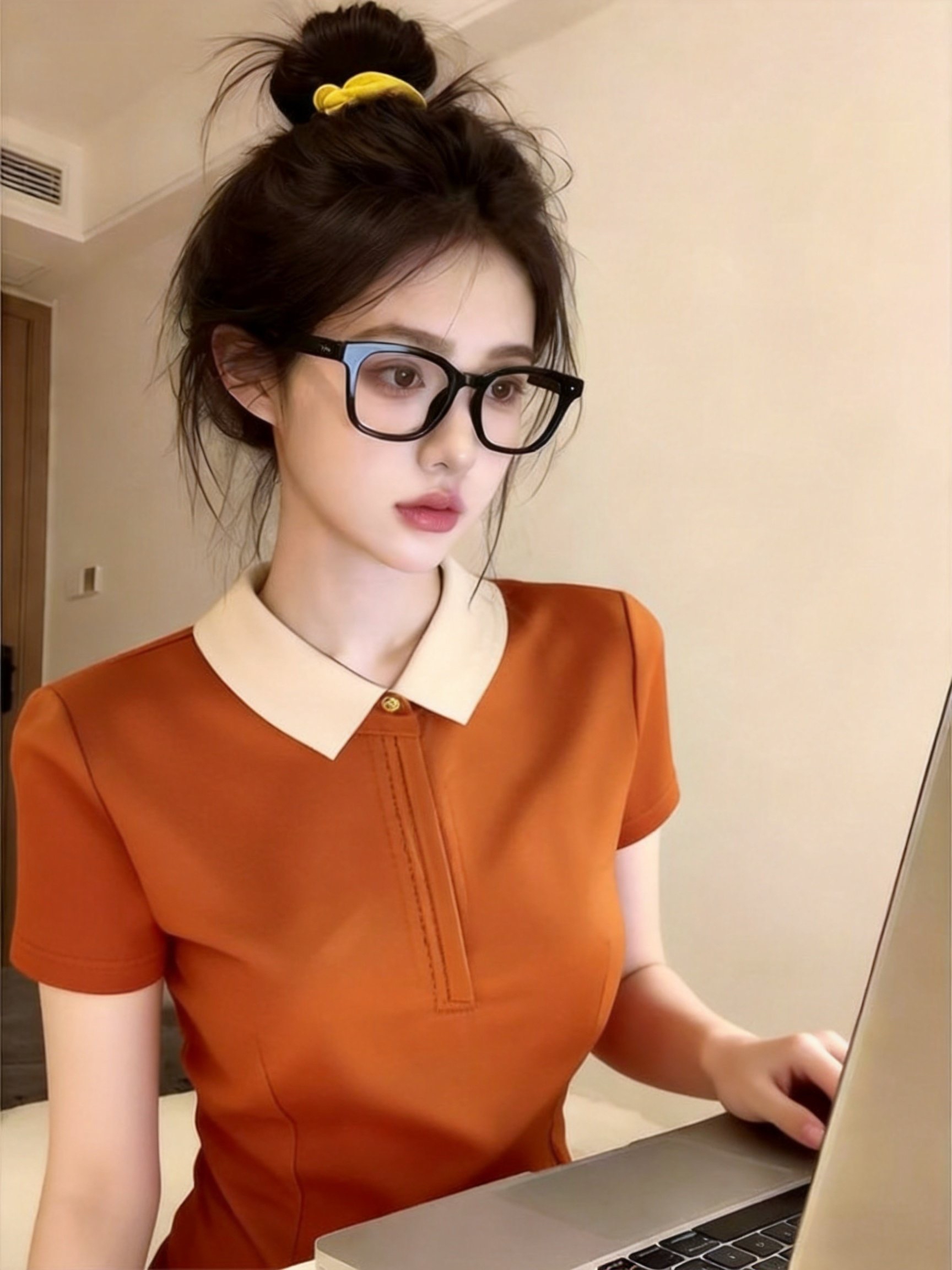 실사 여름 고유 한 Chic 프랑스식 외국 가스 아름다운 맨위 고급 디자인 센스 주황색 POLO 칼라 반팔 티셔츠