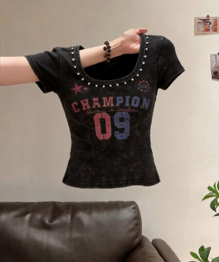 실사 핫걸 광장 칼라 무거운 작업 징 홀치기 염색 프린트 반팔 티셔츠 여성 새로운 패션 개성 몸매 가꾸기 맨위 짧은