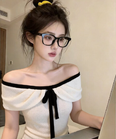 실사 부드러운 바람 오프숄더 티셔츠 여성 여름 새로운 순수한 욕망 나비 넥타이 디자인 센스 슬림해 보이는 맨위 트렌디