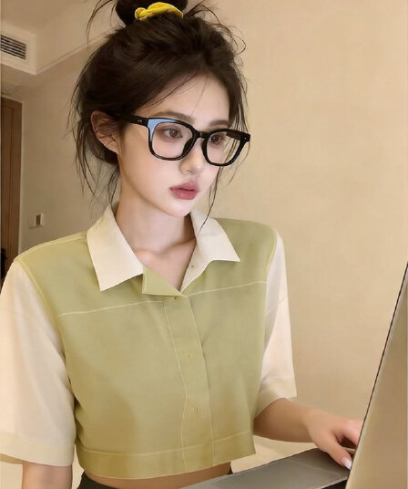 실사 프랑스식 POLO 칼라 반팔 여성 셔츠 디자인 센스 작은 대중 고유 한 Chic 달콤한 핫걸 루즈핏 반소매 맨위