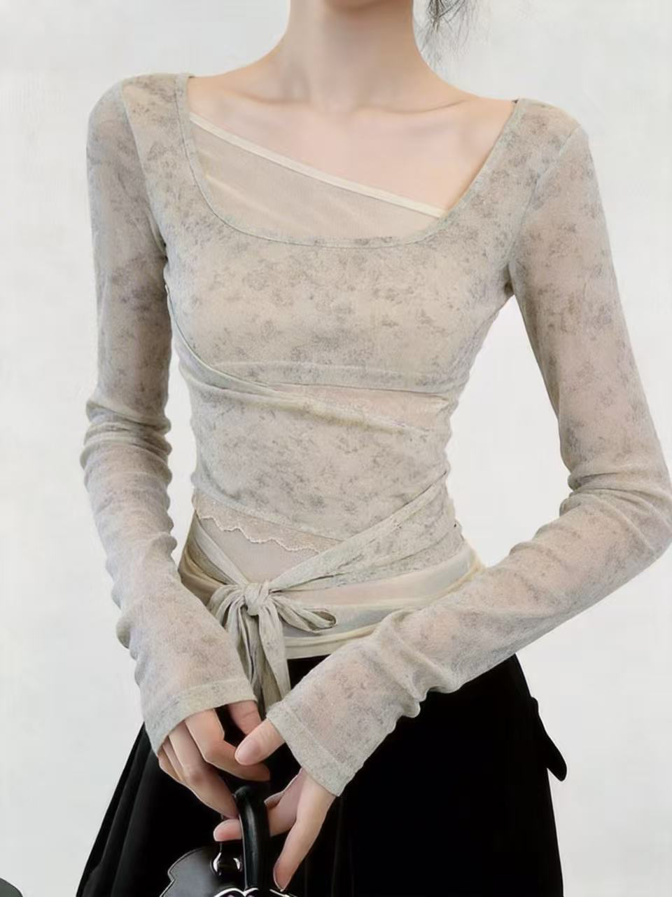 진짜 달콤한 핫걸 디자인 센스 홀치기 염색 망사 자외선 차단 광장 칼라 긴팔 티셔츠 여성 다용도 몸매 가꾸기 슬림해 보이는 쇼트 스타일 맨위