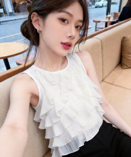 실사 여름 프랑스식 불규칙 민소매 캐미솔 디자인 센스 고유 한 Chic 프릴 슬림해 보이는 맨위