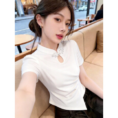 批发新款修身御姐范改良版短袖<b class='q'>T</b><b class='q'>恤</b>女时尚气质新中式轻国风盘扣上衣