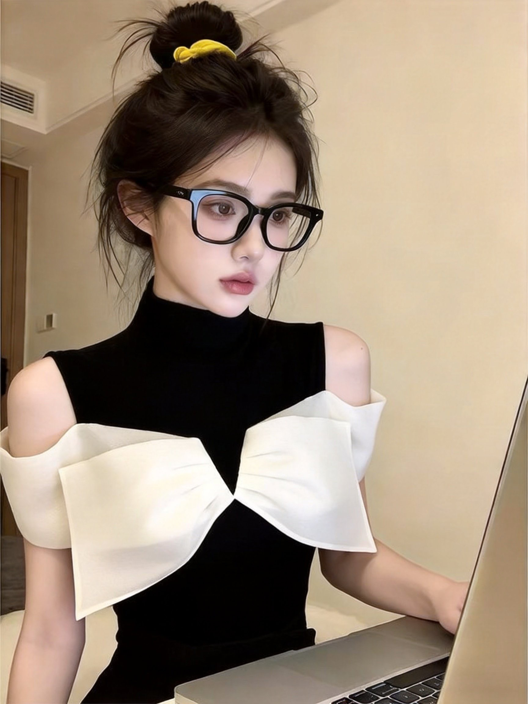 실사 빛 럭셔리 바람 검정색 나비 매듭 오프숄더 반팔 티셔츠 여성 여름 새로운 슬림해 보이는 외국 가스 고급 센스 맨위