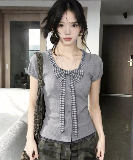실사 나비 매듭 체크무늬 반팔 티셔츠 여성 여름 슈퍼 화재 연령 감소 순수한 욕망 u 칼라 거품 소매 맨위 고유 한 아름다운