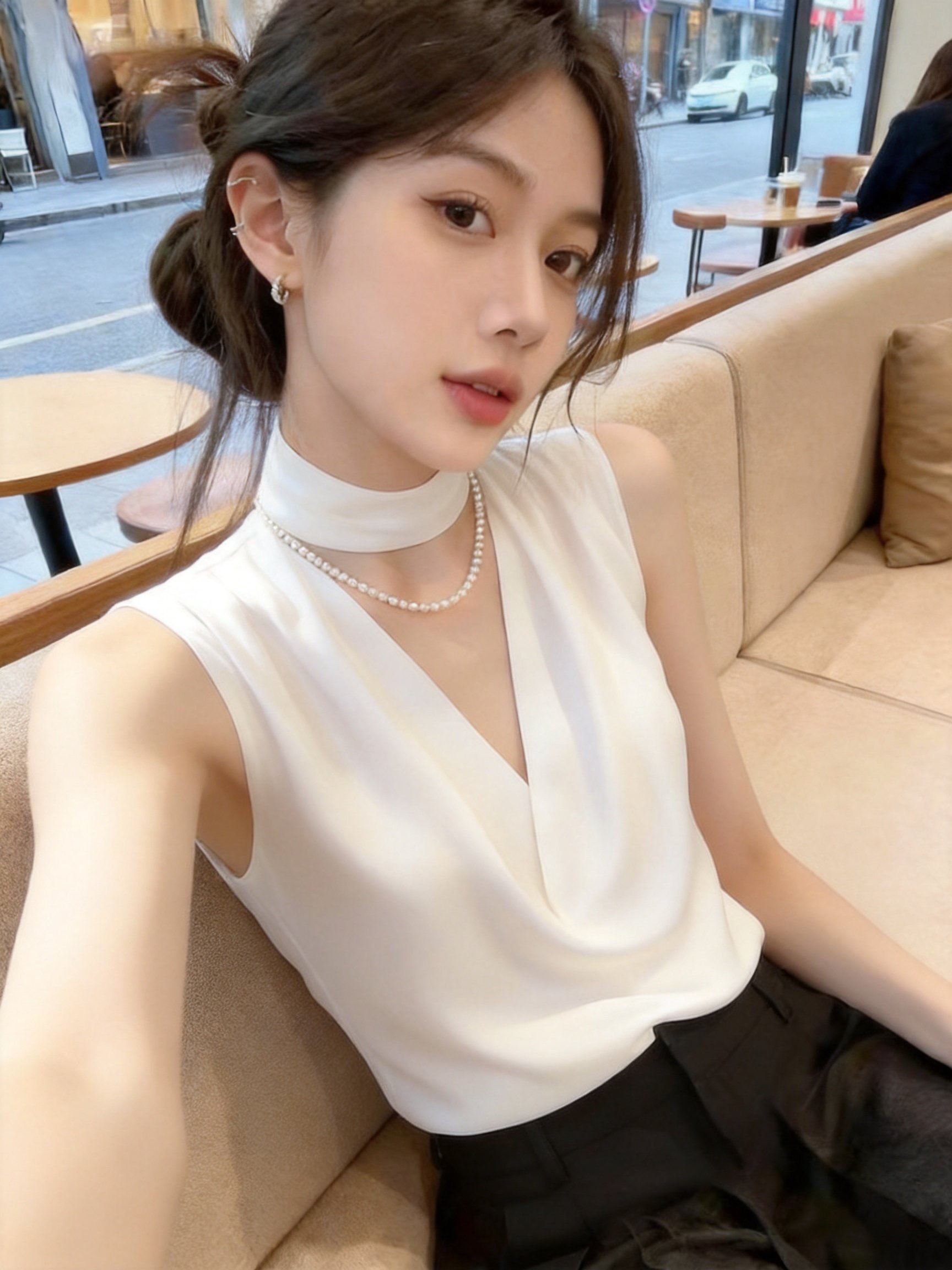 실사 새로운 빛 럭셔리 고급 센스 빛 요리 한 프랑스식 작은 대중 Chic 아름다운 화이트 조끼 셔츠 맨위 여성 여름