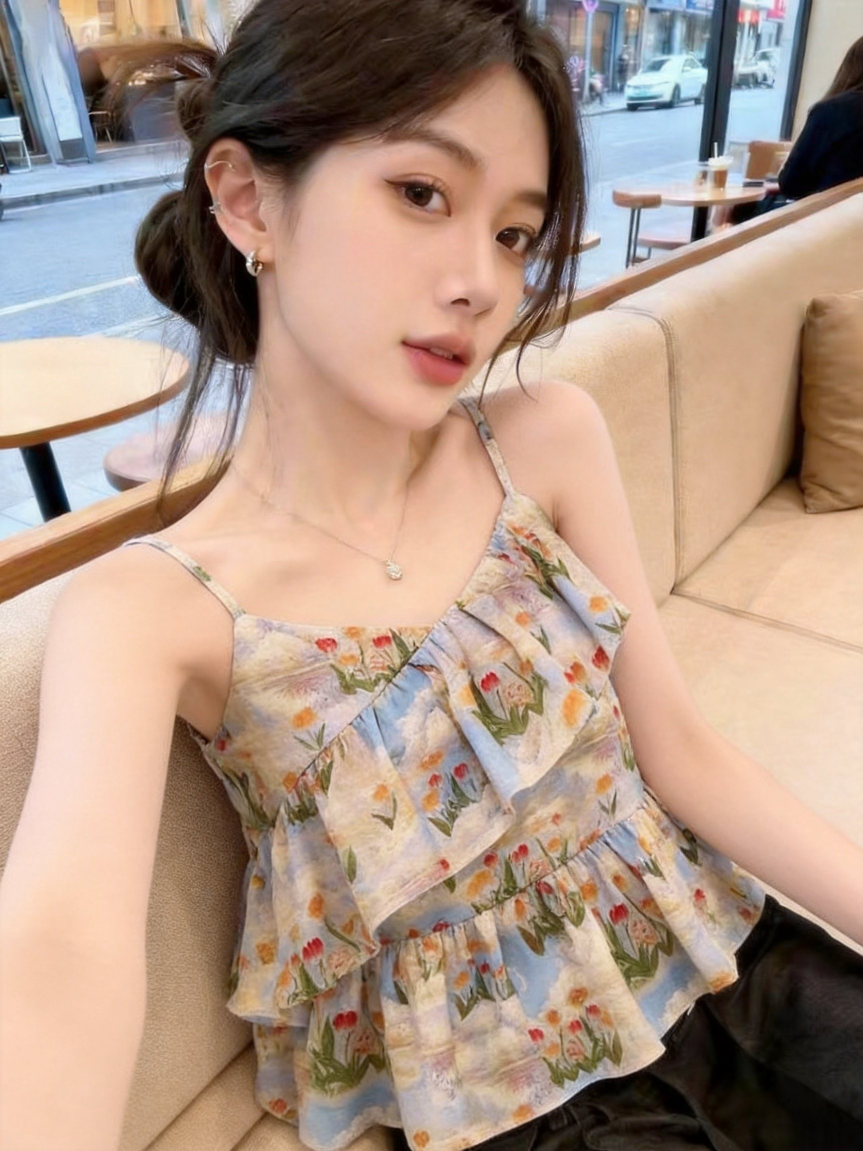 실사 쇼트 스타일 몸매 가꾸기 프릴 휴가 바람 여름 새로운 달콤한 해피 인쇄 슬립 작은 셔츠 장난기 넘치는