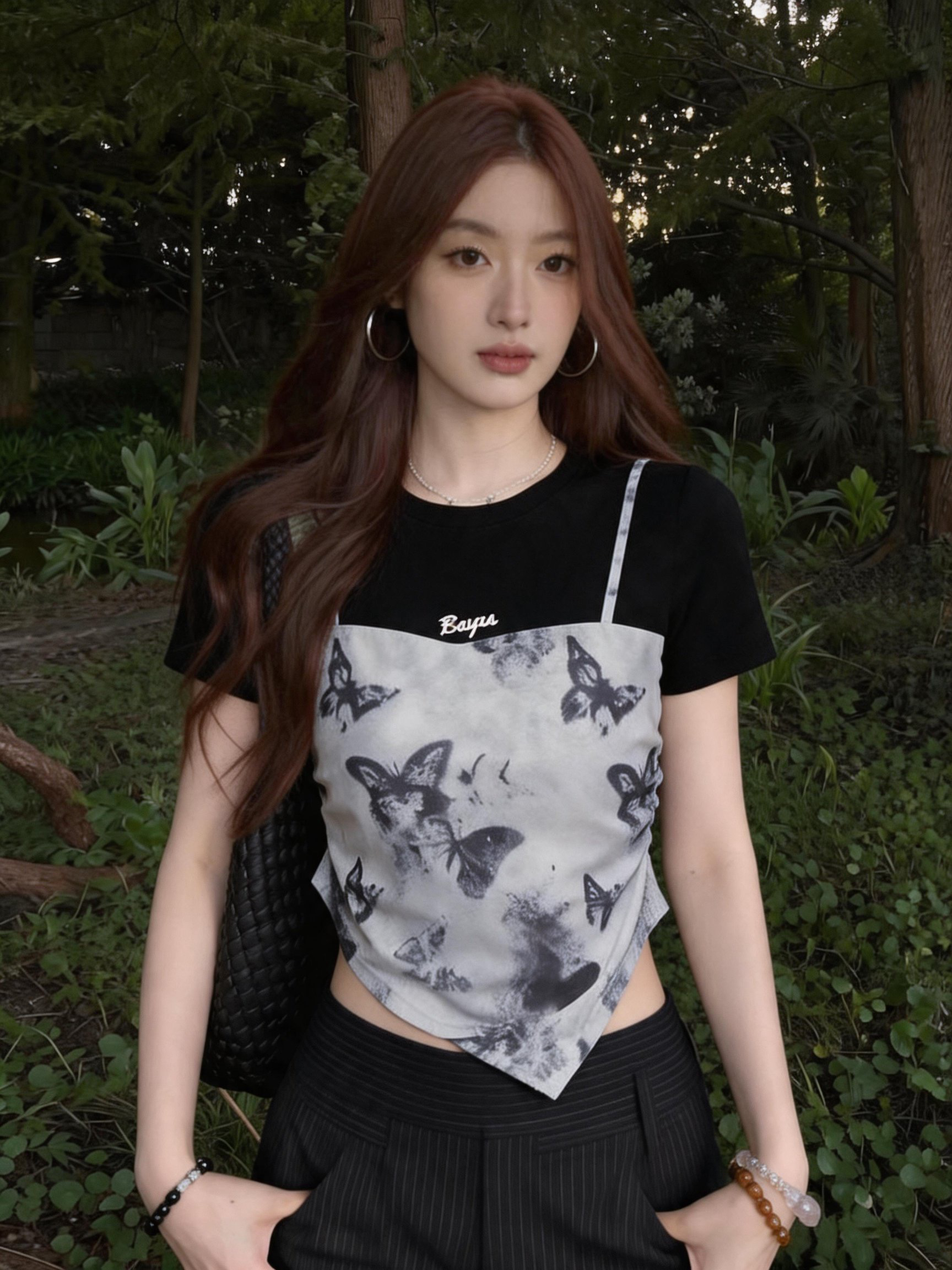 실사 여름 새로운 패치워크 색상 슬립 허리 수축 프린트 티셔츠 여성 패션 다용도 작은 키 반팔 맨위