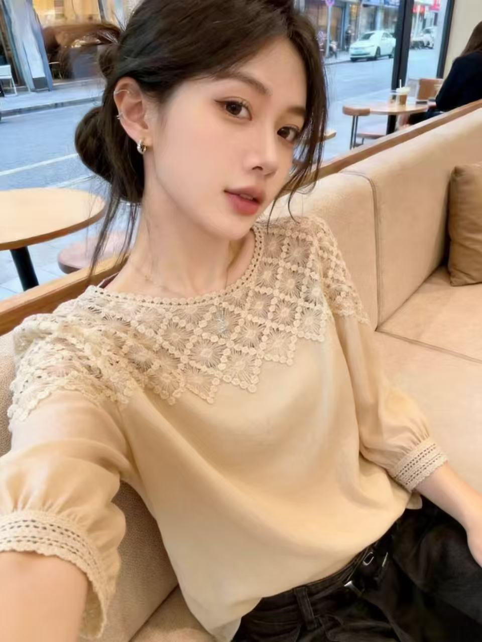 실사 유럽 상품 화이트 레이스 조각 5 점 소매 맨위 여성 여름 새로운 디자인 센스 연령 감소 슬림해 보이는 여성 의류