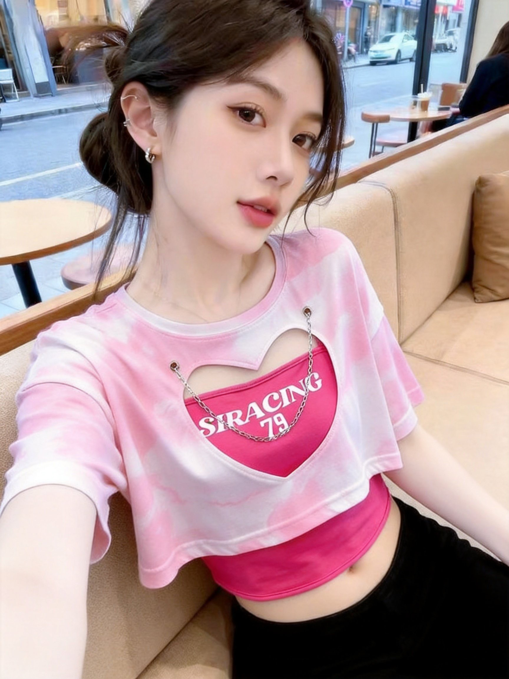 실사 여름 새로운 한국 스타일 홀로우 아웃 하트 투피스 세트 홀치기 염색 작은 키 쇼트 스타일 라운드 넥 풀오버 티셔츠