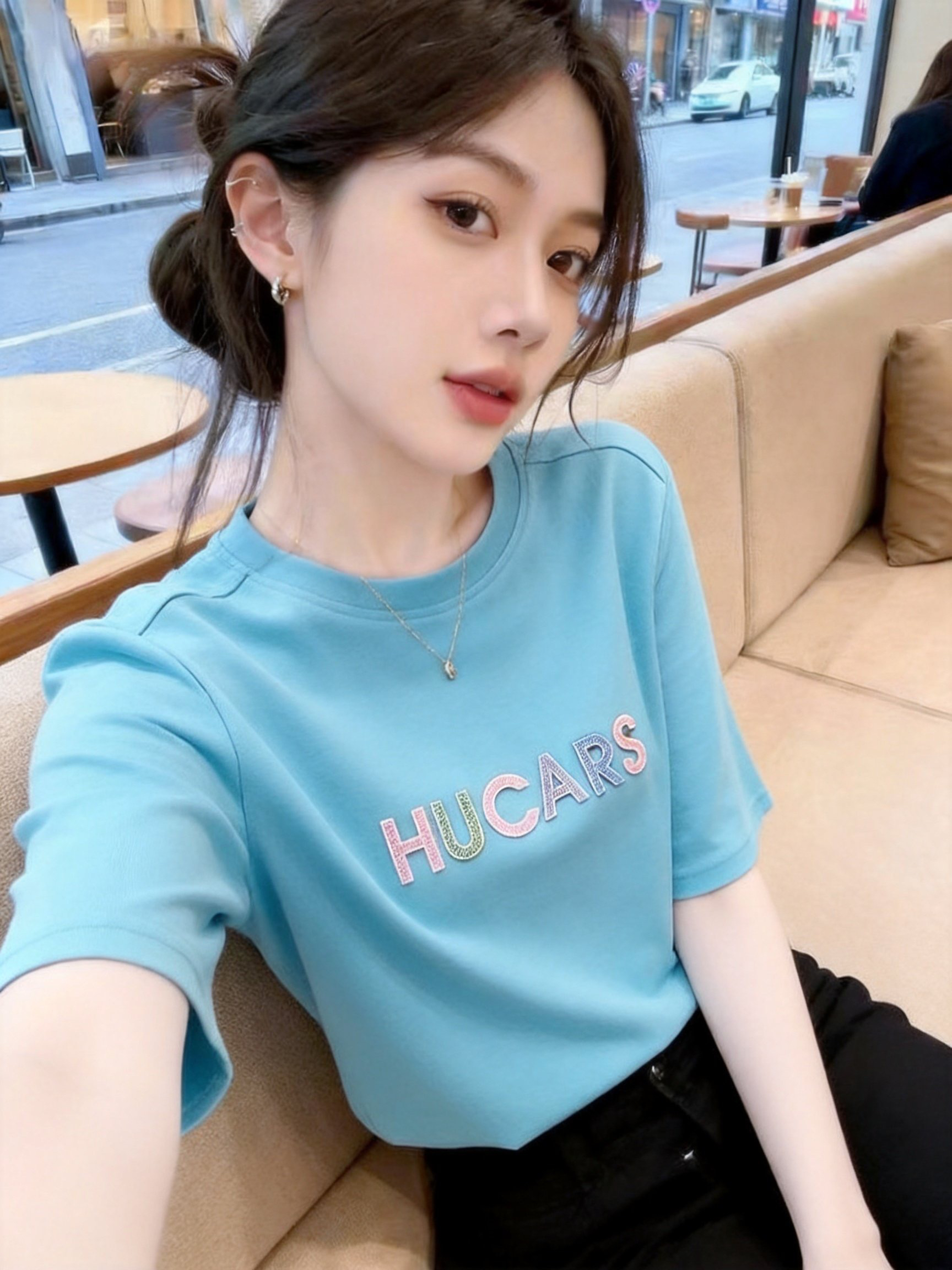 실사 여름 새로운 그라데이션 알파벳 다림질 플라워 라운드 넥 티셔츠 여성 미니멀리즘 캐주얼 풀오버 맨위