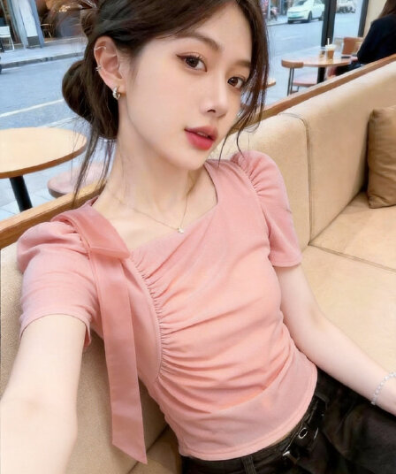 실사 여름 새로운 한국 스타일 광장 칼라 거품 소매 광택 실 달콤함 몸매 가꾸기 레이스업 풀오버 반팔 품격 여성