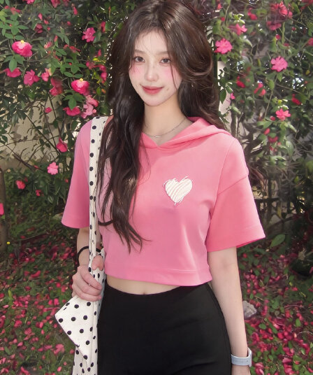 실사 chic 외국 가스 고유 한 Chic 핑크색 하트 후드 맨위 도파민 다용도 슬림해 보이는 반팔 티셔츠 여름