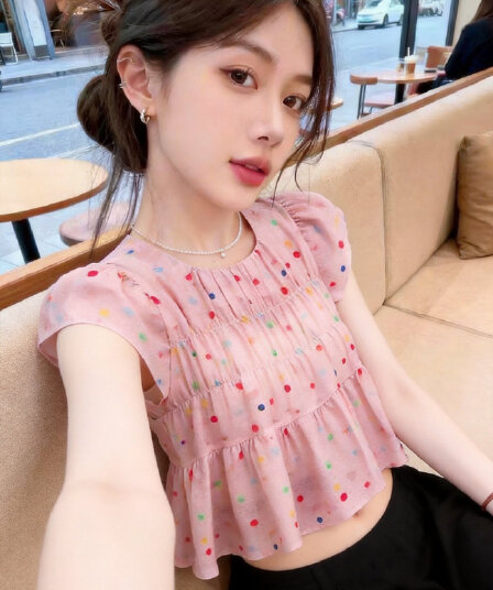 실사 여름 새로운 한국 스타일 라운드 넥 도트 무늬 풀오버 쉬폰 프릴 일반 반팔 맨위 여성