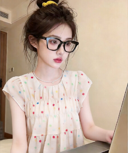 실사 여름 새로운 한국 스타일 라운드 넥 도트 무늬 풀오버 쉬폰 프릴 일반 반팔 맨위 여성