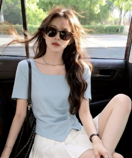 실사 여름 새로운 한국 스타일 주름 불규칙 짧은 드레스 티셔츠 디자인 센스 다용도 슬림해 보이는 맨위