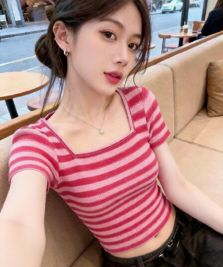 실사 여름 새로운 광장 칼라 스트라이프 반팔 니트 스웨터 여성 몸매 가꾸기 슬림해 보이는 다용도 외국 가스 연령 감소 맨위 얇은 스타일