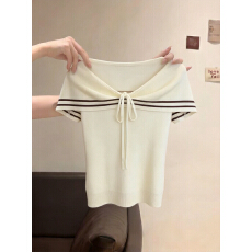 批发实拍海军风一字肩系带无袖针织上衣女夏韩系设计感<b class='q'>修身</b>小众上衣