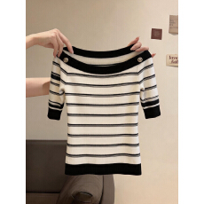 批发实拍夏季女<b class='q'>一字肩</b>条纹韩系穿搭露肩巨好看针织衫上衣