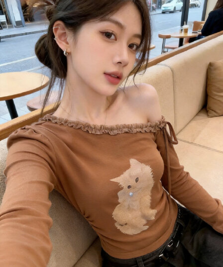 실사 프랑스식 프릴 오프숄더 긴팔 티셔츠 여성 조기 가을 새로운 커피 색상 핫걸 바람 몸매 가꾸기 비스듬한 어깨 의류