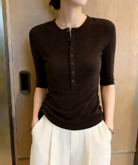실사 이른 가을 새로운 한 부서 한 부서 5 점 소매 반팔 티셔츠 여성 반 개방 칼라 몸매 가꾸기 맨위