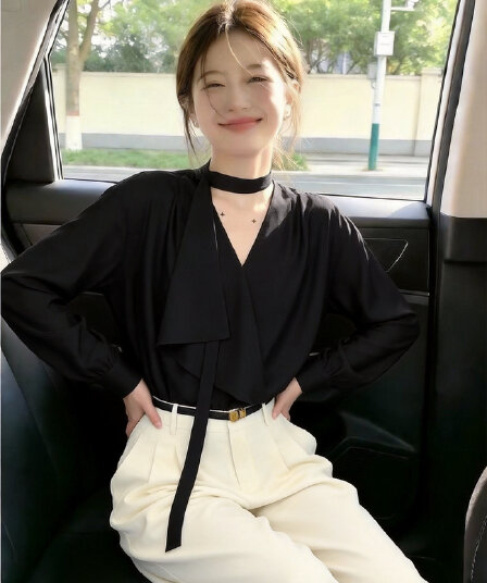 실사 디자인 센스 V넥 지불 칼라 리본 긴팔 루즈핏 통기성 품격 느긋한 바람 맨위 여성