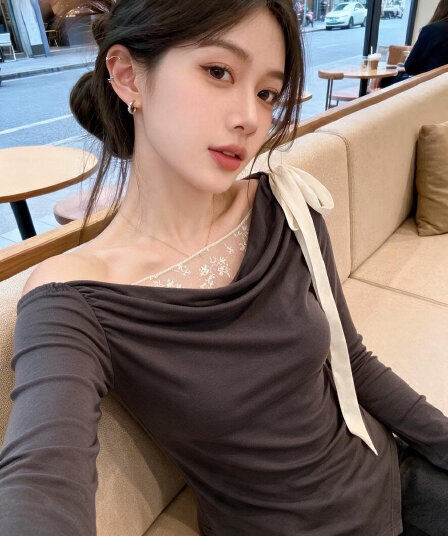 실사 디자인 센스 비스듬한 어깨 레이스업 나비 매듭 긴팔 맨위 패치워크 레이스 펌프 Pleat 슬림해 보이는 품격
