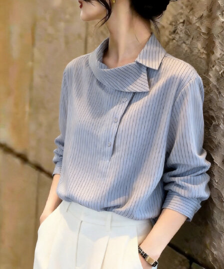 실사 프랑스식 불규칙 폴로 칼라 스트라이프 긴팔 셔츠 루즈핏 표지 고기 슬림해 보이는 다용도 출퇴근 여성