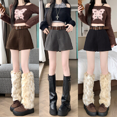 批发实拍2025辣妹高腰呢子短裤百搭休闲裤女冬季显瘦a字<b class='q'>包臀</b>靴裤