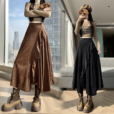 批发实拍蕾丝拼接不规则麂皮绒半身裙女2025秋冬季高腰百搭A字裙长裙