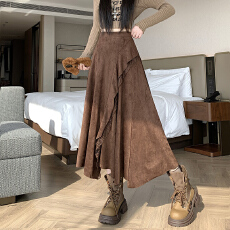 批发实拍蕾丝拼接不规则麂皮绒半身裙女2025秋冬季高腰百搭A字裙长裙