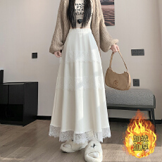 批发实拍2025冬新款网红羊绒毛呢半身裙气质蕾丝拼接中长裙加绒半身裙