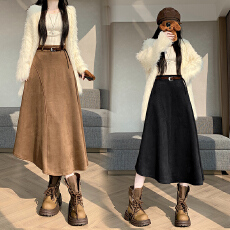 批发实拍 2025秋<b class='q'>冬</b>遮胯显瘦不规则编织腰带设计麂皮绒中长a字半身伞裙